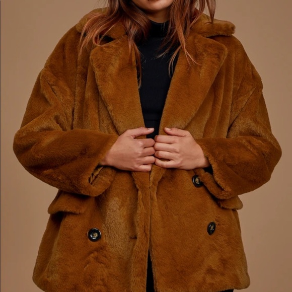 Free People Kate Brown Faux Fur Double Breasted Coat - Picture 2 of 4